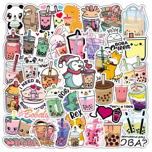 50 pieces of cartoon bubble milk tea cute graffiti stickers, personalized DIY bags, laptops, helmets, PVC waterproof decorative stickers, toys