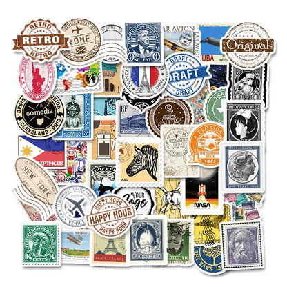 50PCS Classic Retro European And American Style Cartoon Stamps Graffiti Notebook Stationery Computer Stickers