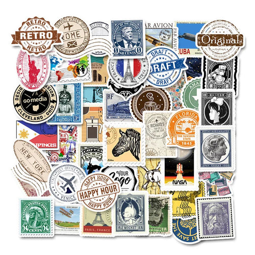 50PCS Classic Retro European And American Style Cartoon Stamps Graffiti Notebook Stationery Computer Stickers