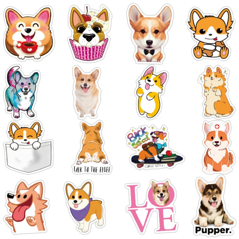 50PCS cartoon cute Corgi dog decorative style graffiti stickers, personalized, fashionable and creative trend DIY exquisite decorative decal cups, helmets, skateboard popular sticker toys