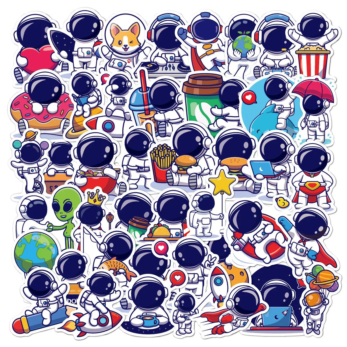 50 pieces of super cute astronaut space cartoon rocket graffiti stickers, suitable for DIY laptop, suitcase, notebook, phone case decoration sticker toys