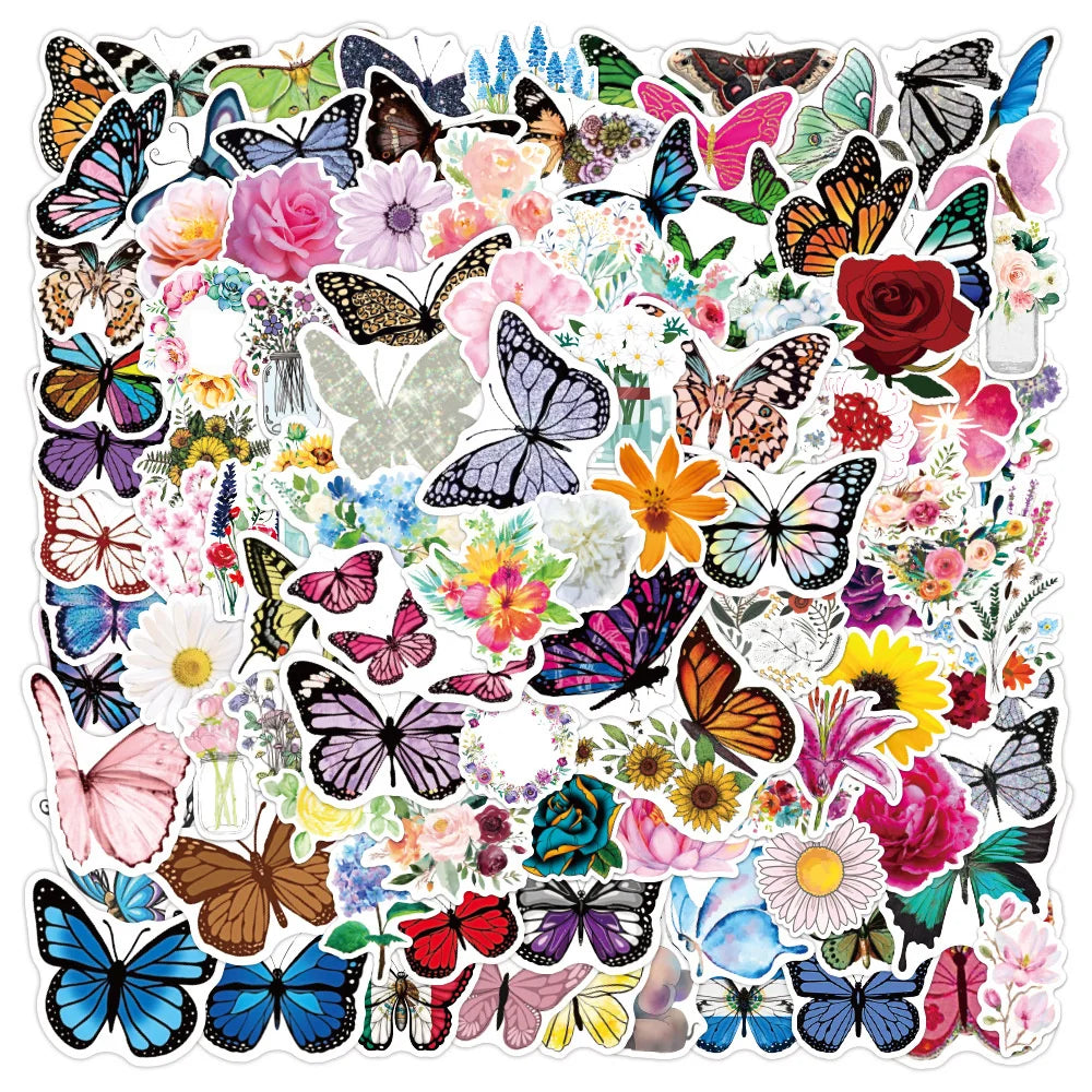 50PCS Color Butterfly Flower Graffiti Stickers Notebook Skateboard Luggage Waterproof Refrigerator Stickers
