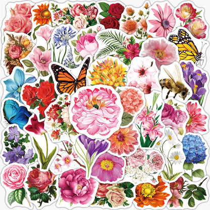 50 pieces of cartoon and fresh spring flower butterfly decorative style graffiti stickers, personalized, fashionable and creative DIY exquisite decorative decal cups, helmets, skateboard popular sticker toys