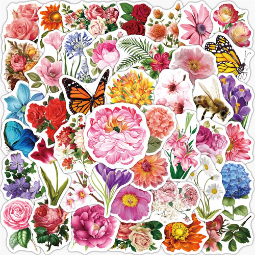 50 pieces of cartoon and fresh spring flower butterfly decorative style graffiti stickers, personalized, fashionable and creative DIY exquisite decorative decal cups, helmets, skateboard popular sticker toys