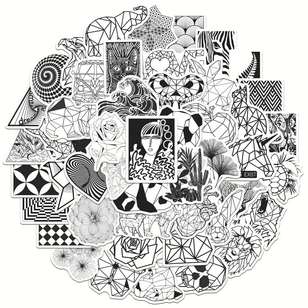 50PCS Black and White Fashion Geometric Animal Graffiti Waterproof Sticker Suitcase Notebook RefrigeratorWaterCup