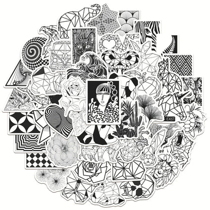 50PCS Black and White Fashion Geometric Animal Graffiti Waterproof Sticker Suitcase Notebook RefrigeratorWaterCup