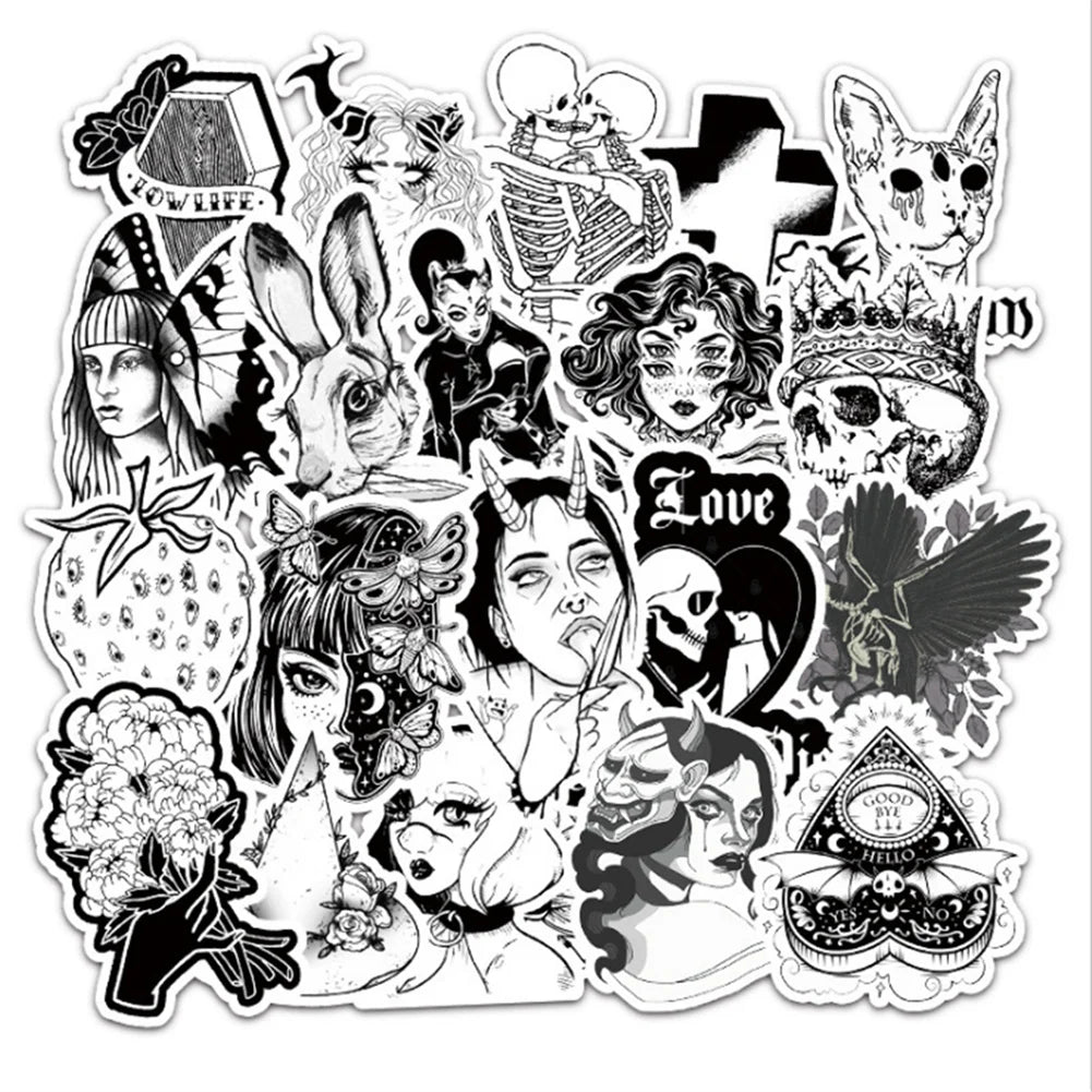 50PCS cartoon animation black and white Gothic style skull decorative style graffiti stickers, personalized, fashionable and creative trend DIY exquisite decorative decal cups, helmets, skateboard popular sticker toys