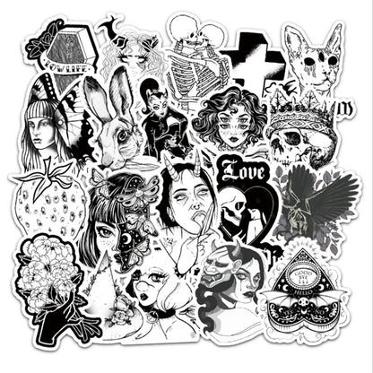 50PCS cartoon animation black and white Gothic style skull decorative style graffiti stickers, personalized, fashionable and creative trend DIY exquisite decorative decal cups, helmets, skateboard popular sticker toys