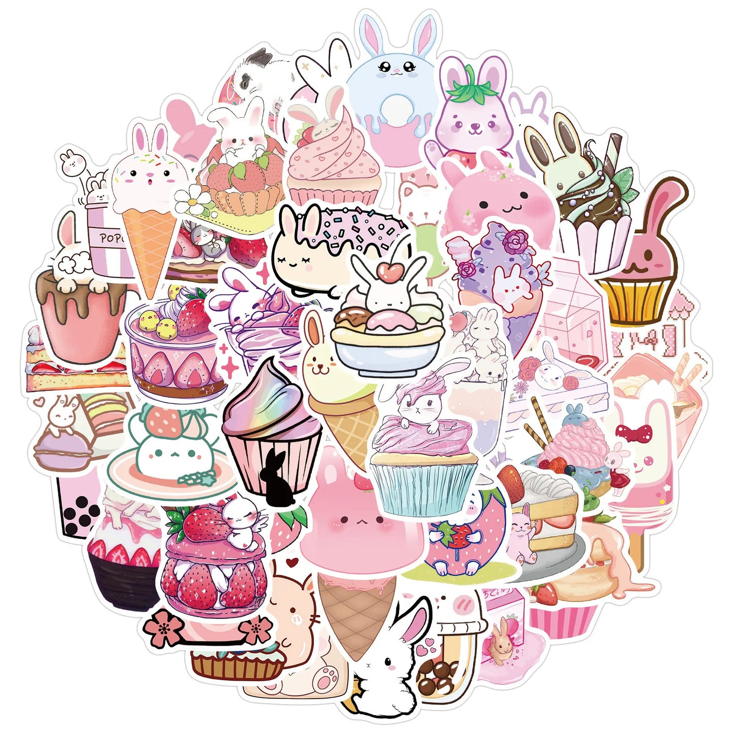 50PCS Pink Dessert Rabbit Stickers Cartoon Graffiti Cute Notebook Water Cup Body Helmet Decoration Stickers