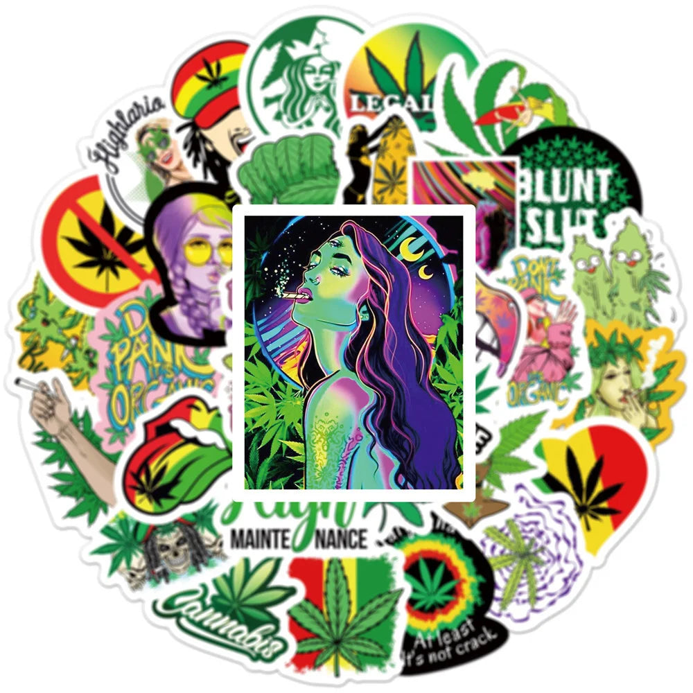 50PCS     SpoofCharacters Leaves Smoking Graffiti Stickers Luggage Laptop Car Waterproof Removable Stickers