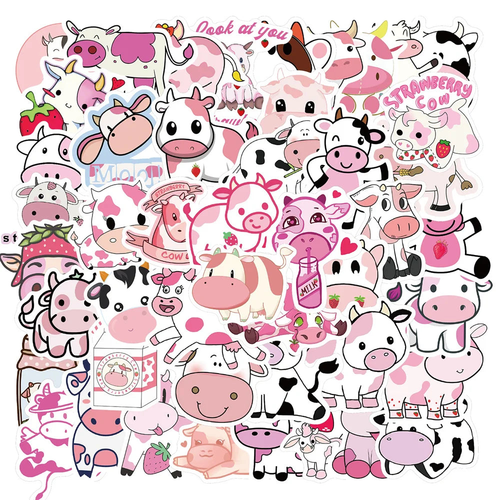50PCS Cut Pink Cow Graffiti Waterproof Sticker Suitcase Notebook Mobile PhoneRefrigeratorChildren'sWaterCupHelmet