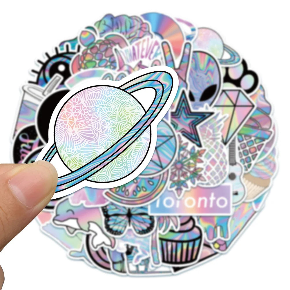 50PCS Holographic Laser Flash Graffiti Trolley Case Scooter Refrigerator Water Cup Waterproof Children's Sticker
