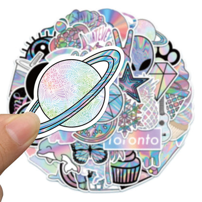 50PCS Holographic Laser Flash Graffiti Trolley Case Scooter Refrigerator Water Cup Waterproof Children's Sticker