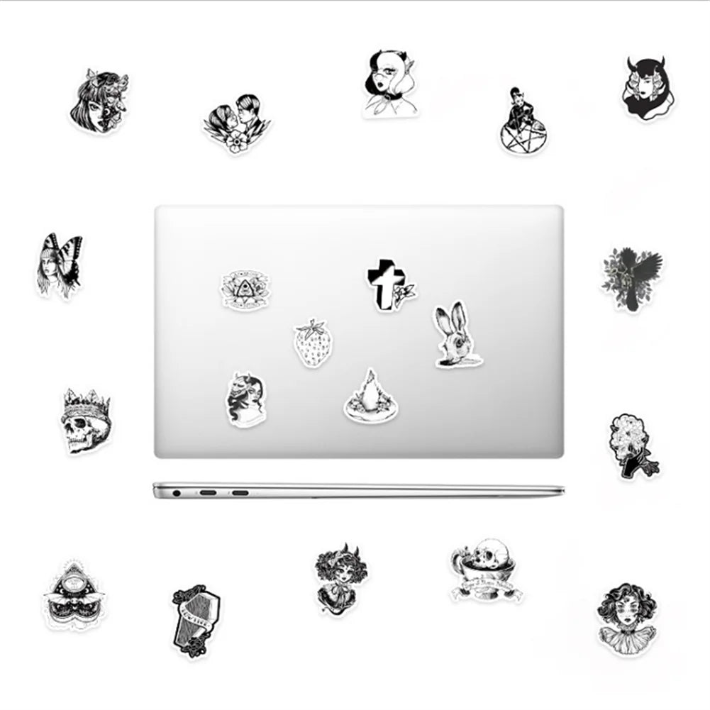 50PCS cartoon animation black and white Gothic style skull decorative style graffiti stickers, personalized, fashionable and creative trend DIY exquisite decorative decal cups, helmets, skateboard popular sticker toys