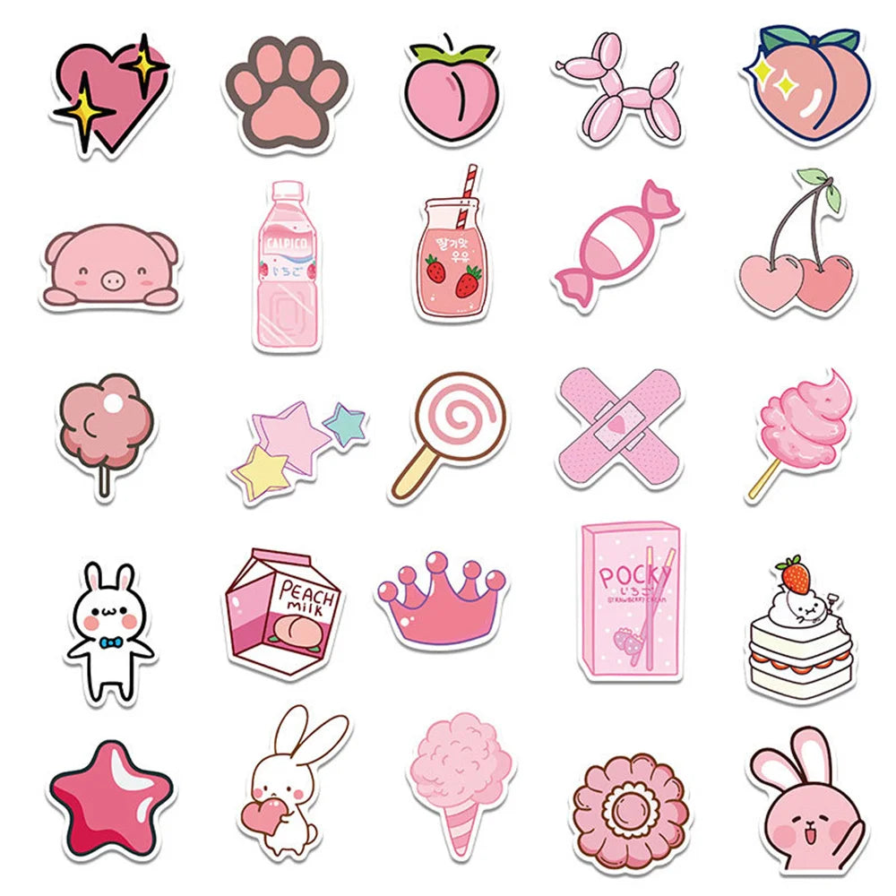 50PCS New Cartoon Pink Girl Cute Graffiti Waterproof Sticker Suitcase Notebook Refrigerator Stationery Box Helmet