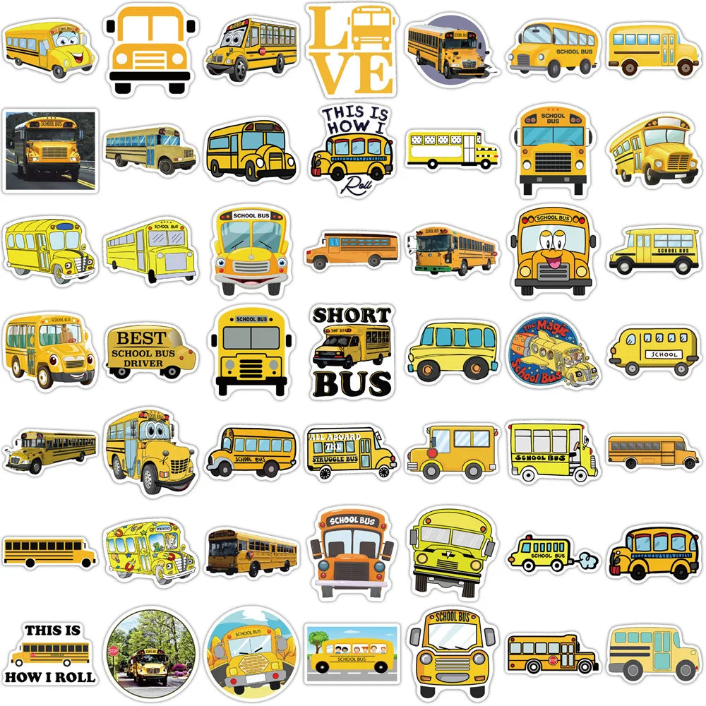 50PCS Cute Cartoon School Bus Graffiti Waterproof Sticker Suitcase Notebook Mobile Phone Children'sWaterCupHelmet