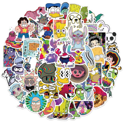50PCS Psychedelic Aesthetics Mixed Cartoon Characters Graffiti Waterproof Sticker Suitcase Notebook Mobile Phone
