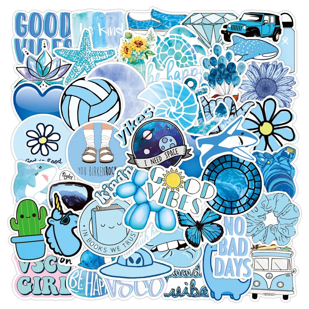 50PCS Blue Fresh Sticker Graffiti Luggage Trolley Case Notebook Cup Interior Decoration Waterproof Sticker