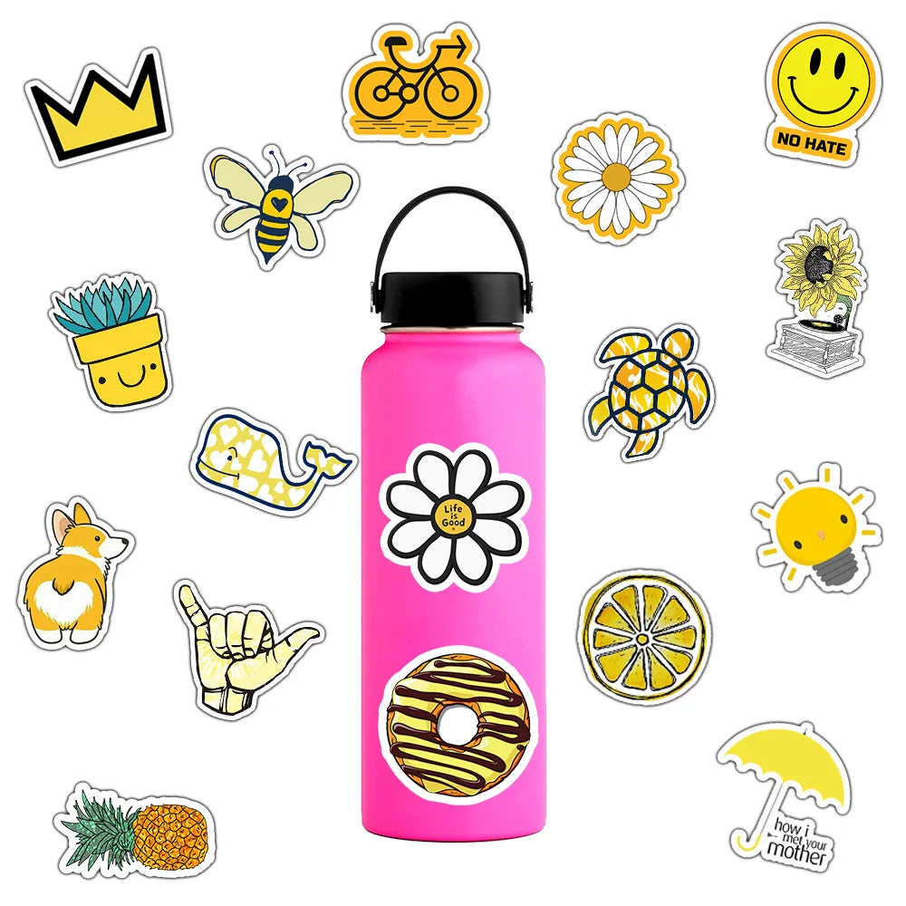 50PCS cartoon yellow series fresh and cute bee decorative style graffiti stickers, personalized fashion and creative trend DIY exquisite decorative decal cups, helmets, skateboard popular sticker toys