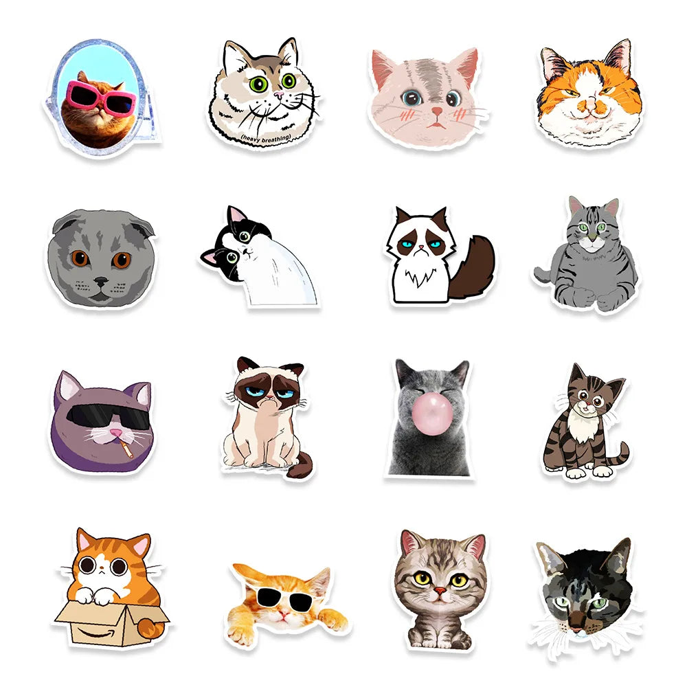 50pcs New Cute Kitten Expression Graffiti Sticker Waterproof Sticker
