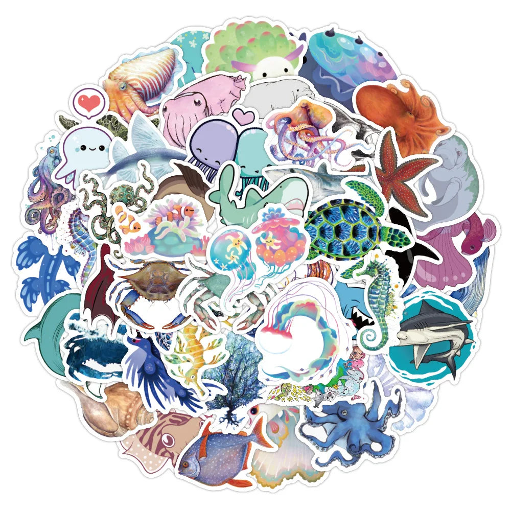 50PCS Marine Life Graffiti Sticker Waterproof Luggage Compartment Notebook Scooter Refrigerator Water Cup Sticker