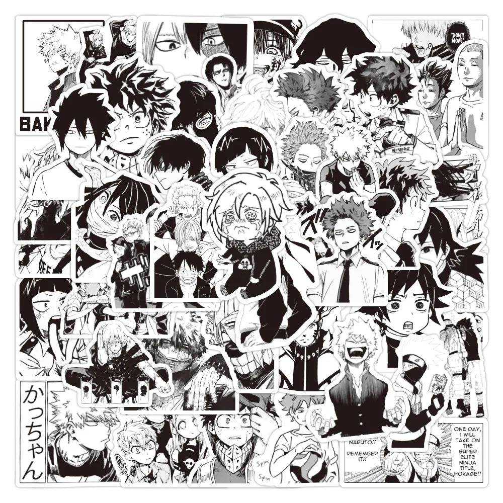 50PCS Cartoon Black and White Mixed Anime Graffiti/my Hero Academy/sticker Luggage Guitar Toy Sticker