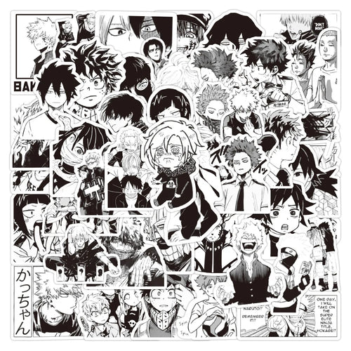 50PCS Cartoon Black and White Mixed Anime Graffiti/my Hero Academy/sticker Luggage Guitar Toy Sticker