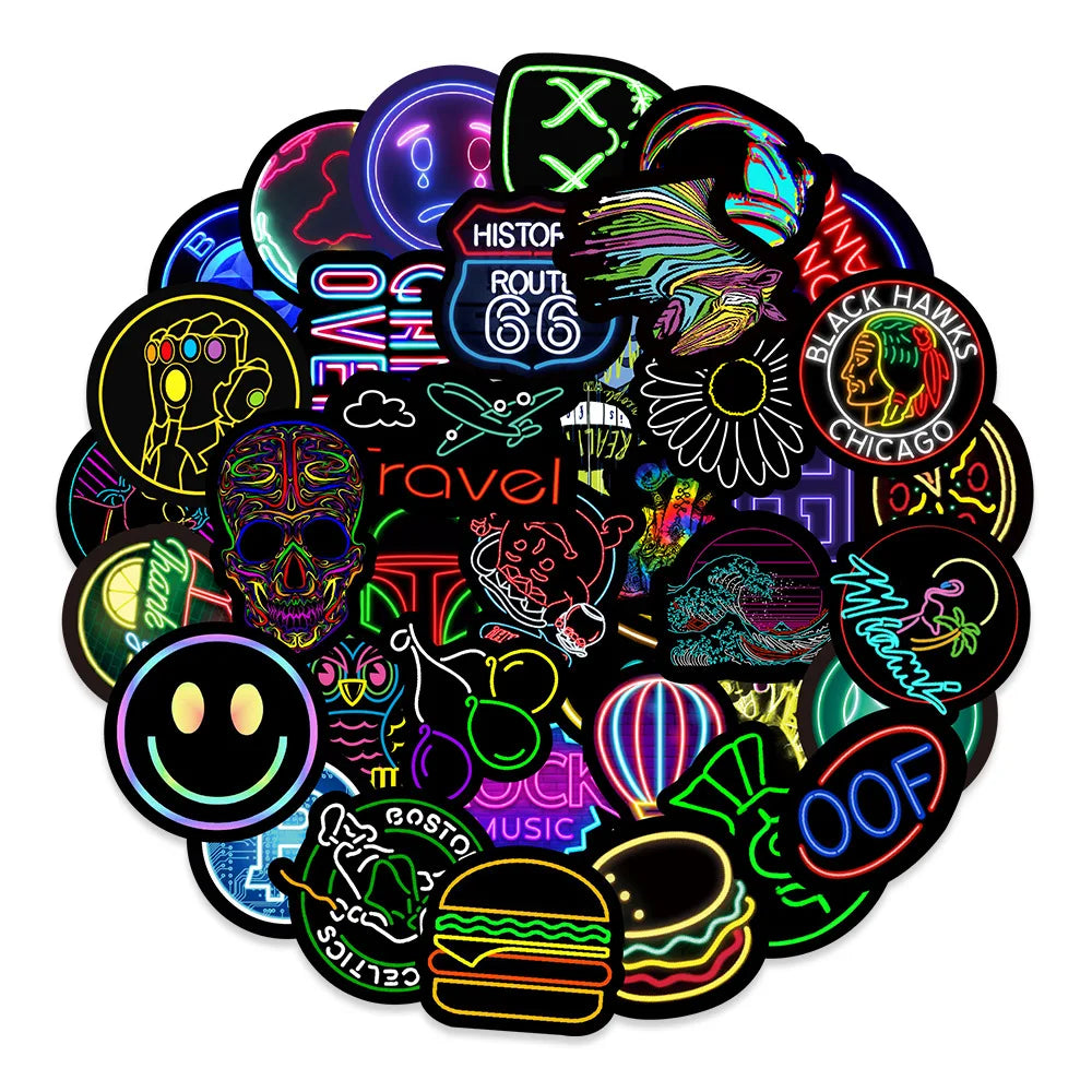50PCS Cartoon Neon Light Graffiti Waterproof Sticker Suitcase Notebook Refrigerator SkateboardStationeryBoxHelmet