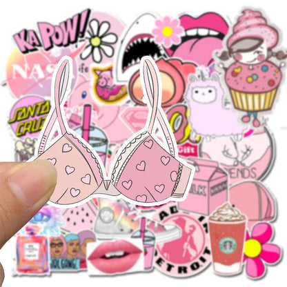 50PCS Pink Girl Cute Cartoon Graffiti Suitcase Trolley Skateboard Guitar Personality Sticker Waterproof