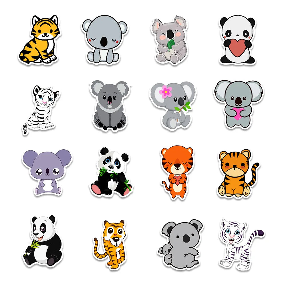50PCS cartoon animal panda tiger decorative style graffiti stickers, personalized, fashionable and creative trend DIY exquisite decorative decal cups, helmets, skateboard popular sticker toys
