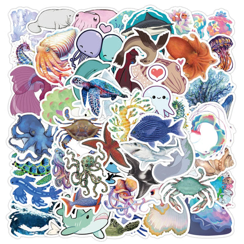 50PCS Marine Life Graffiti Sticker Waterproof Luggage Compartment Notebook Scooter Refrigerator Water Cup Sticker