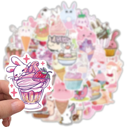 50PCS Pink Dessert Rabbit Stickers Cartoon Graffiti Cute Notebook Water Cup Body Helmet Decoration Stickers