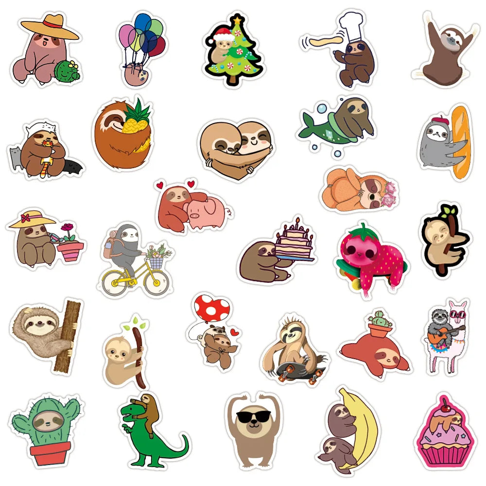 50PCS Cute New Small Animal Sloth Graffiti Stickers Waterproof Notebook Scooter Trolley Case Decorative Stickers