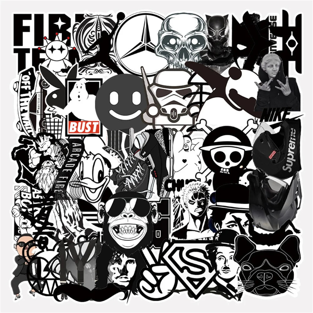 55PCS Black and White Series Graffiti Laptop Guitar Motorcycle Luggage Skateboard Bike Waterproof Sticker