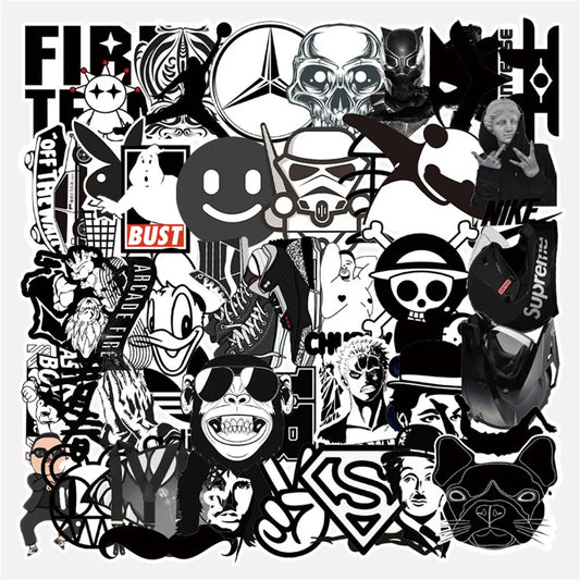 55PCS Black and White Series Graffiti Laptop Guitar Motorcycle Luggage Skateboard Bike Waterproof Sticker