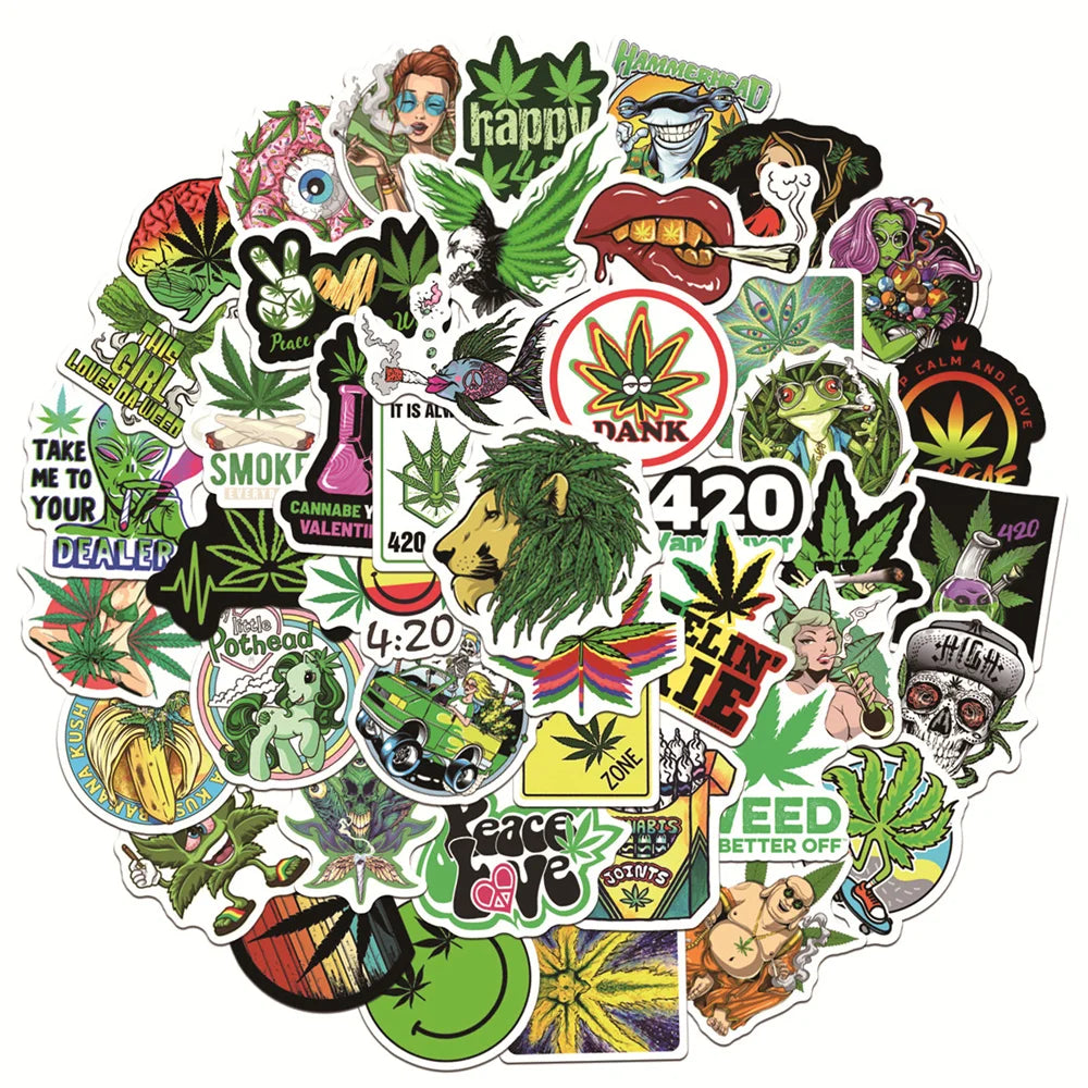 50PCS Green Hemp Leaf Graffiti Graffiti Laptop Guitar Motorcycle Luggage Skateboard Bike Waterproof Skull Sticker