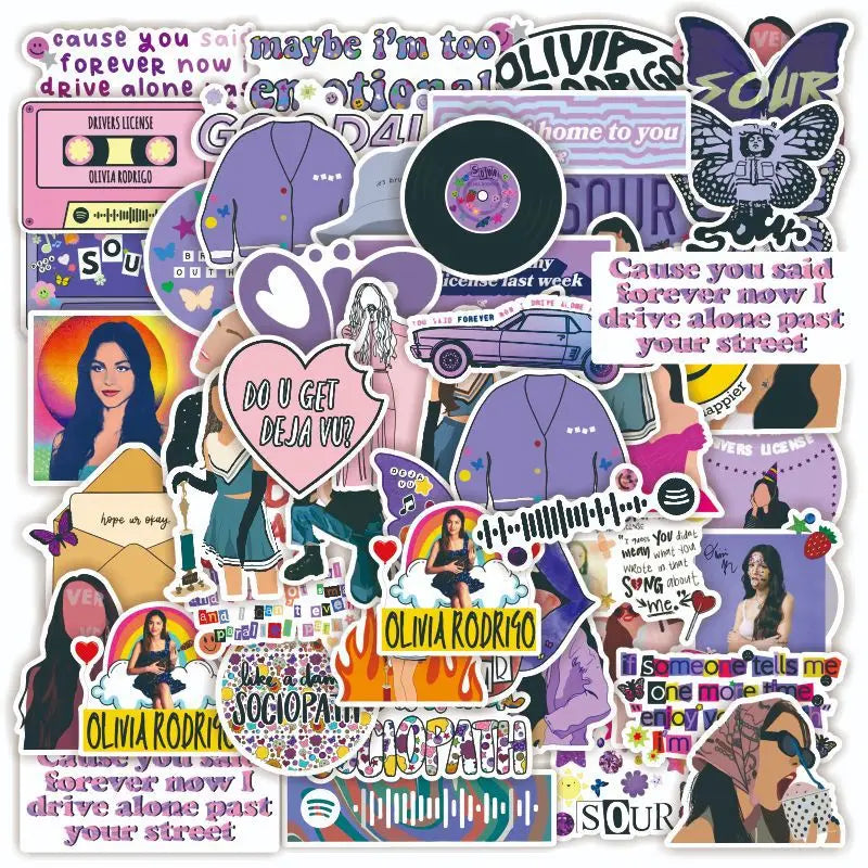 50PCS Hot Singer Olivia Rodrigo Sour Purple Line Pattern Design Graffiti Phone Case Scrapbook Skateboard Stickers