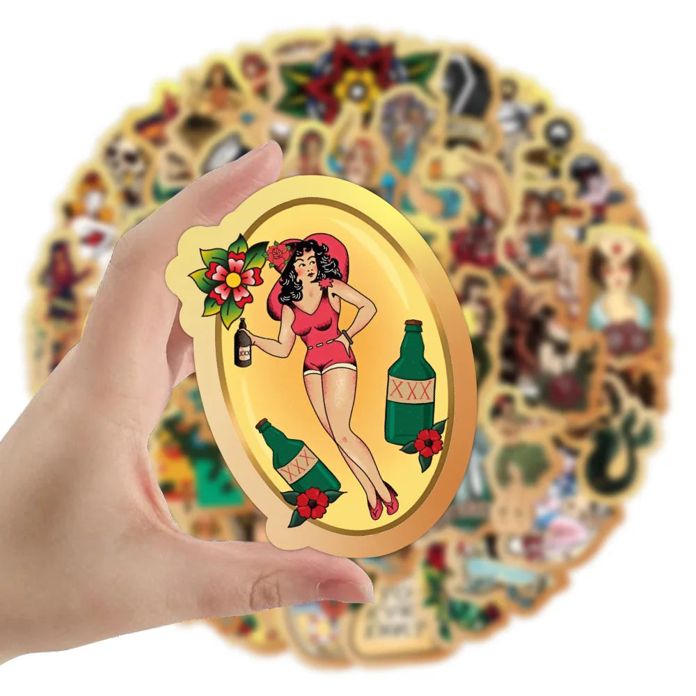 50pcs Retro Beauty Sailor Jerry Graffiti Sticker Waterproof Sticker