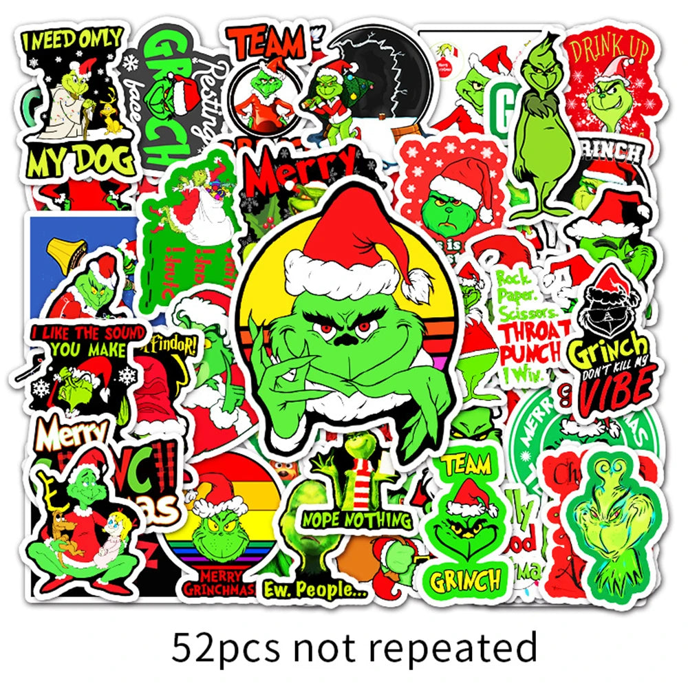 52PCS New Cute Animation Green Fur Monster Grinch Cartoon Graffiti Decoration Suitcase Guitar Waterproof Sticker