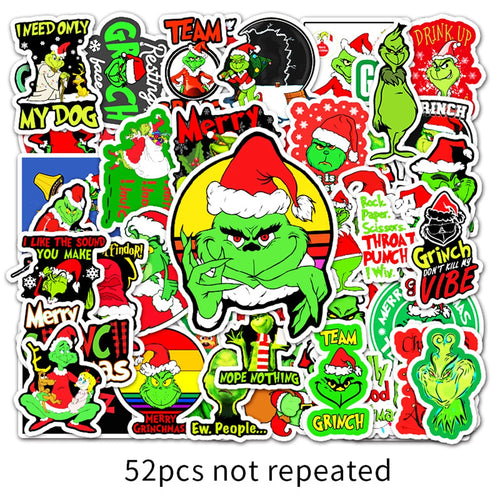 52PCS New Cute Animation Green Fur Monster Grinch Cartoon Graffiti Decoration Suitcase Guitar Waterproof Sticker
