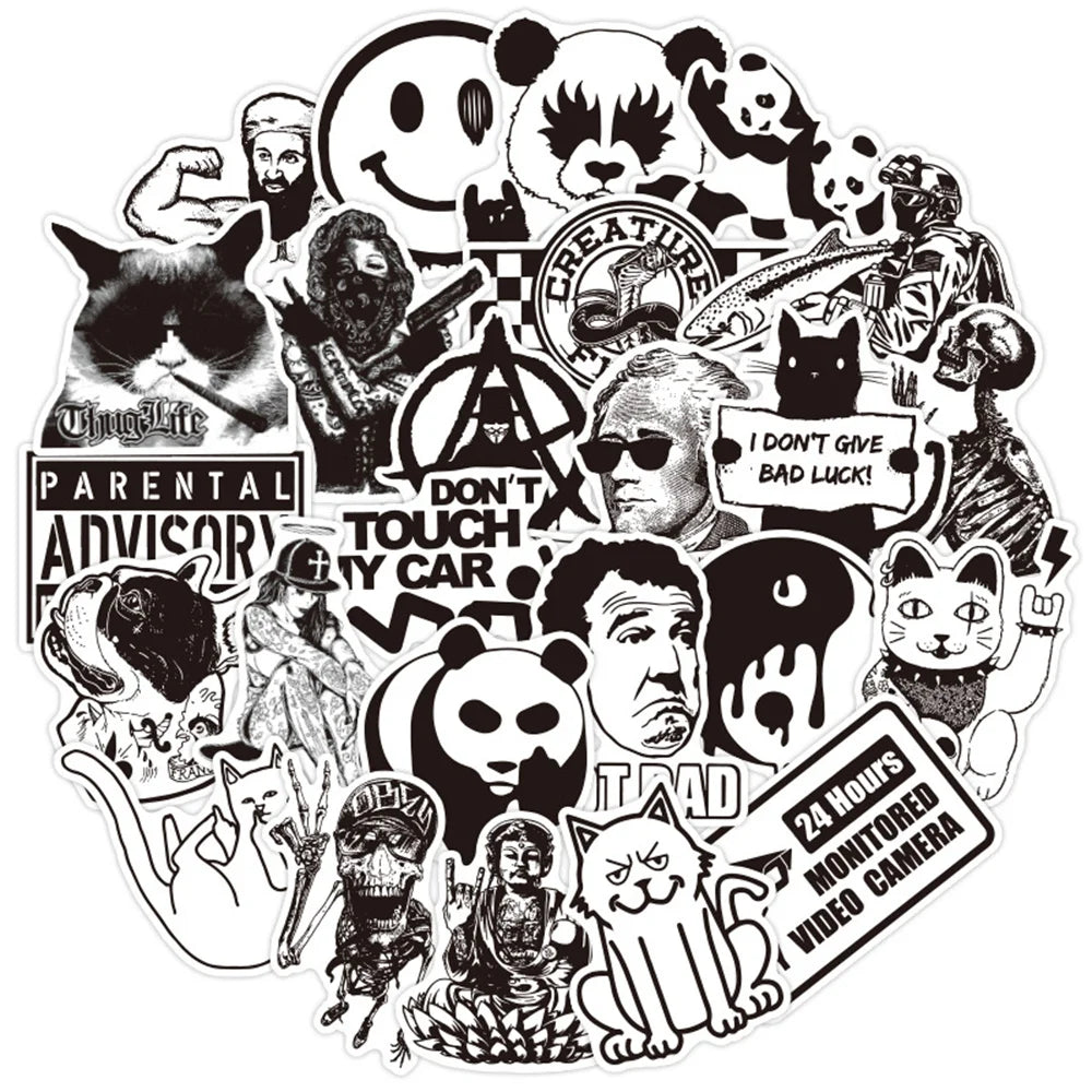 50PCS Black and White European and American Style Gothic Graffiti Sticker WaterproofTrolleyCaseNotebookSkateboard