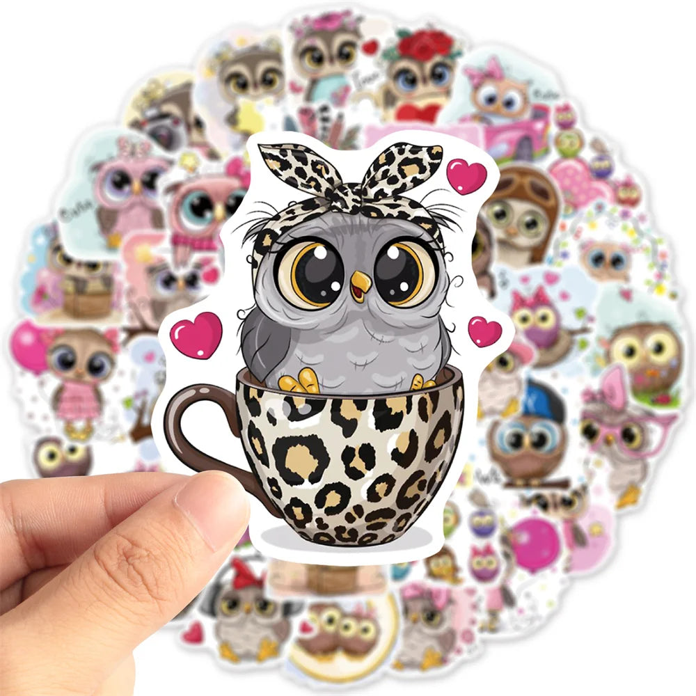 50PCS Art Illustration Popular Creative Cartoon Cute Animal Owl Series Decorative Style Graffiti Sticker Personality Fashion Creative DIY Exquisite Decorative Decals Suitable For Cups, Helmets, Skateboards Popular Stickers Toys