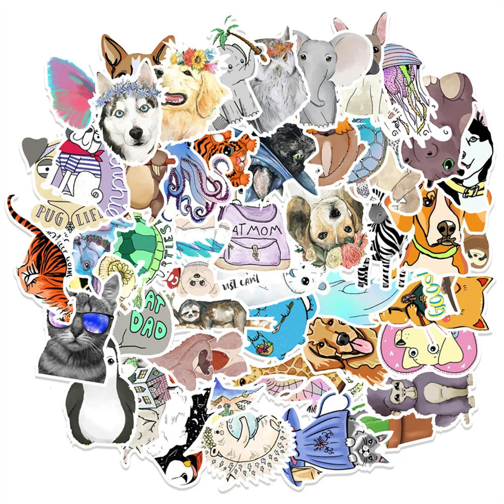 50PCS cartoon cute animal series decorative style graffiti stickers, personalized, fashionable and creative trend DIY exquisite decorative decal cups, helmets, skateboard popular sticker toys