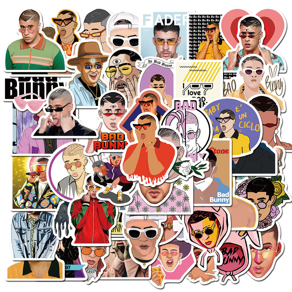 50PCS Bad Bunny Puerto Rico Inspired Stickers - Latin Trap & Reggaetón Icon Doodle Decals for Music Festival Logs, Concert Memory Journals, Latinx Pride Projects & Urbano Culture Art Collages