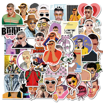 50PCS Bad Bunny Puerto Rico Inspired Stickers - Latin Trap & Reggaetón Icon Doodle Decals for Music Festival Logs, Concert Memory Journals, Latinx Pride Projects & Urbano Culture Art Collages