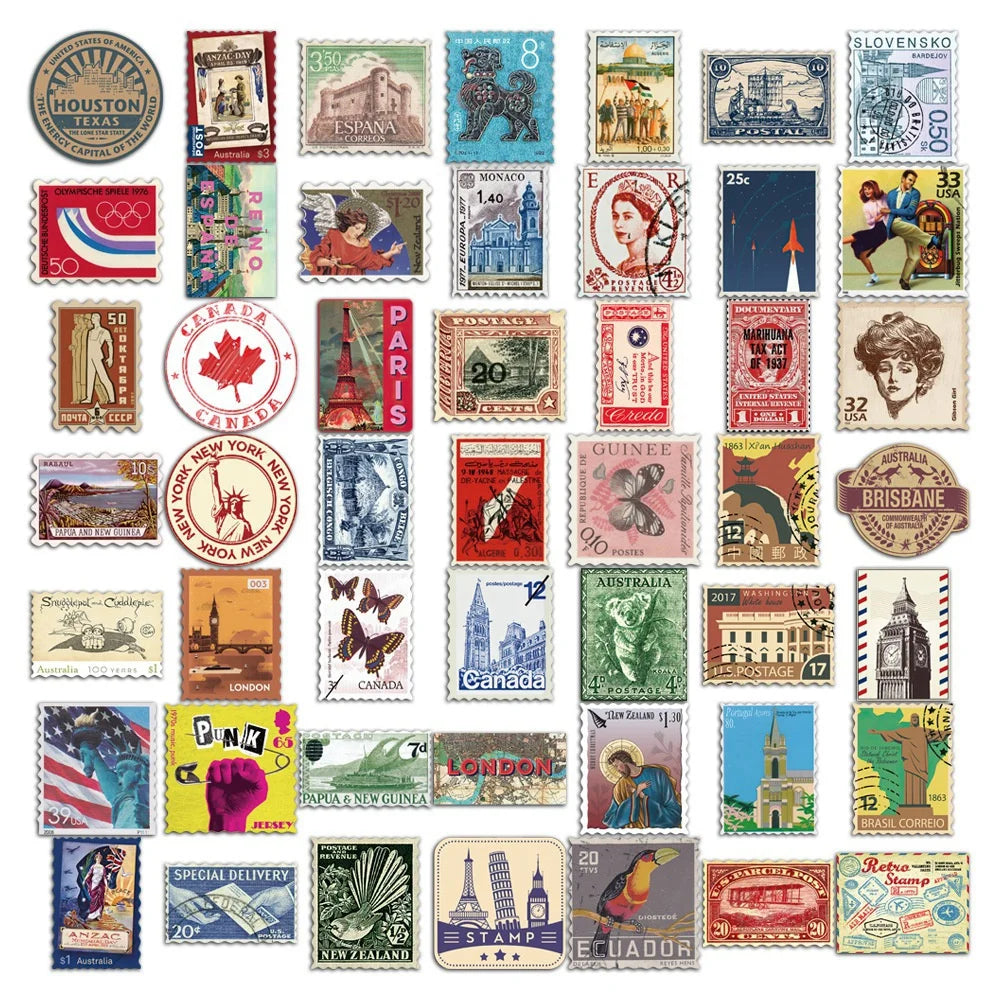 50PCS Retro Travel Stamp Sticker Pack, Nostalgic Postmark Series, Pocket Diary DIY Material Decorative Stickers