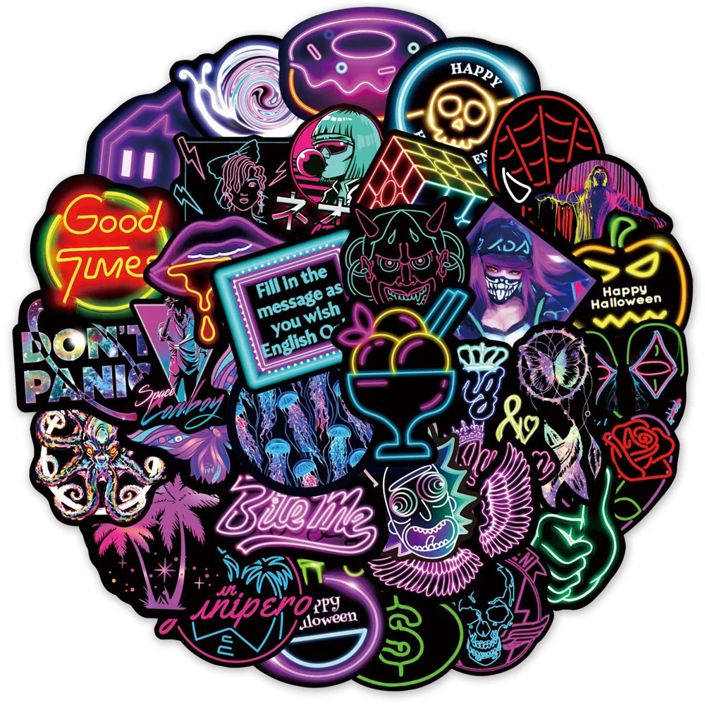 50PCS New Neon Creative Cartoon DIY Graffiti Notebook Scrapbook Skateboard Guitar Suitcase Toy PVC Sticker