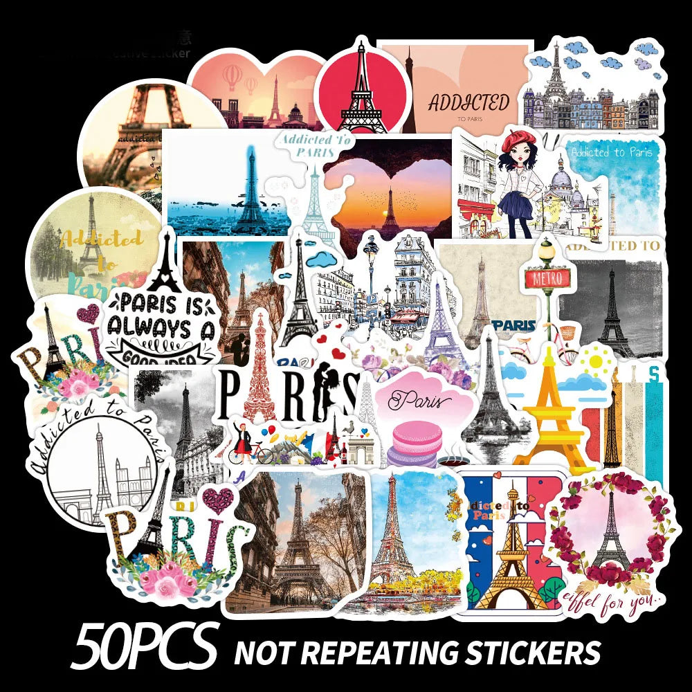 50PCS personalized Parisian landscape graffiti stickers, personalized DIY luggage, car, laptop, phone case, water cup, waterproof decorative sticker toys