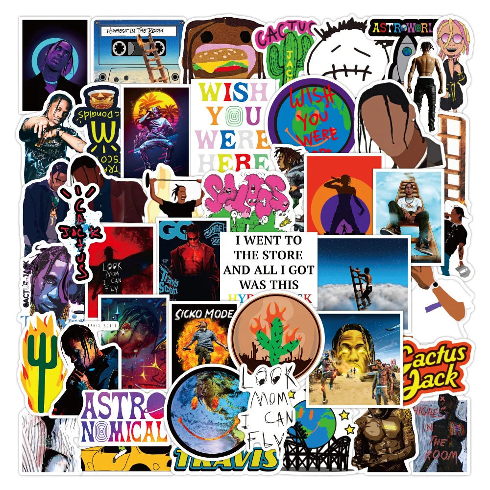 50PCS Travis Scott Graffiti Sticker Waterproof Luggage Compartment Notebook Helmet Scooter Refrigerator Water Cup