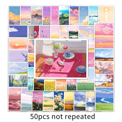 50PCS Cartoon Landscape Oil Painting Aesthetics Creative Graffiti Scrapbook Guitar Phone Case Gift Toy Sticker